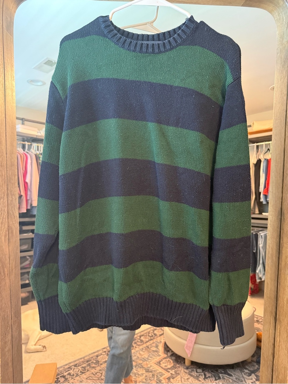 Brandy Melville Green and Navy Wide-Striped Crewneck Sweater-oversized.